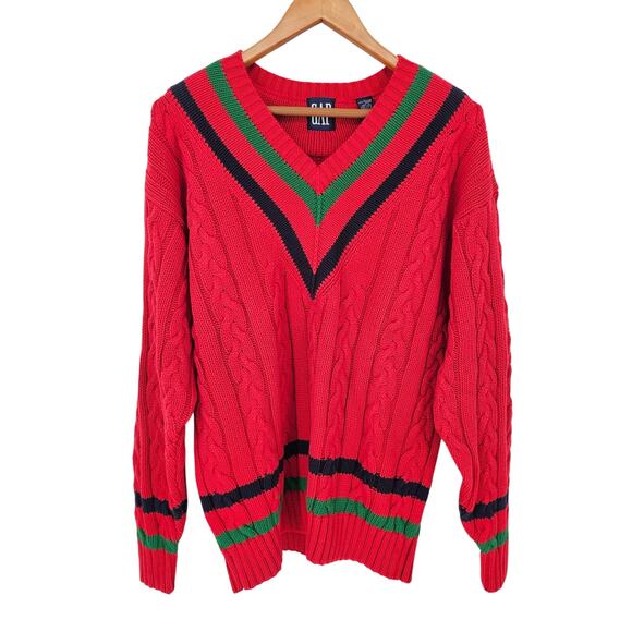 Vintage GAP Sweater 90s Cable Knit Varsity Tennis Cricket VNeck L Preppy Holiday - Picture 1 of 6